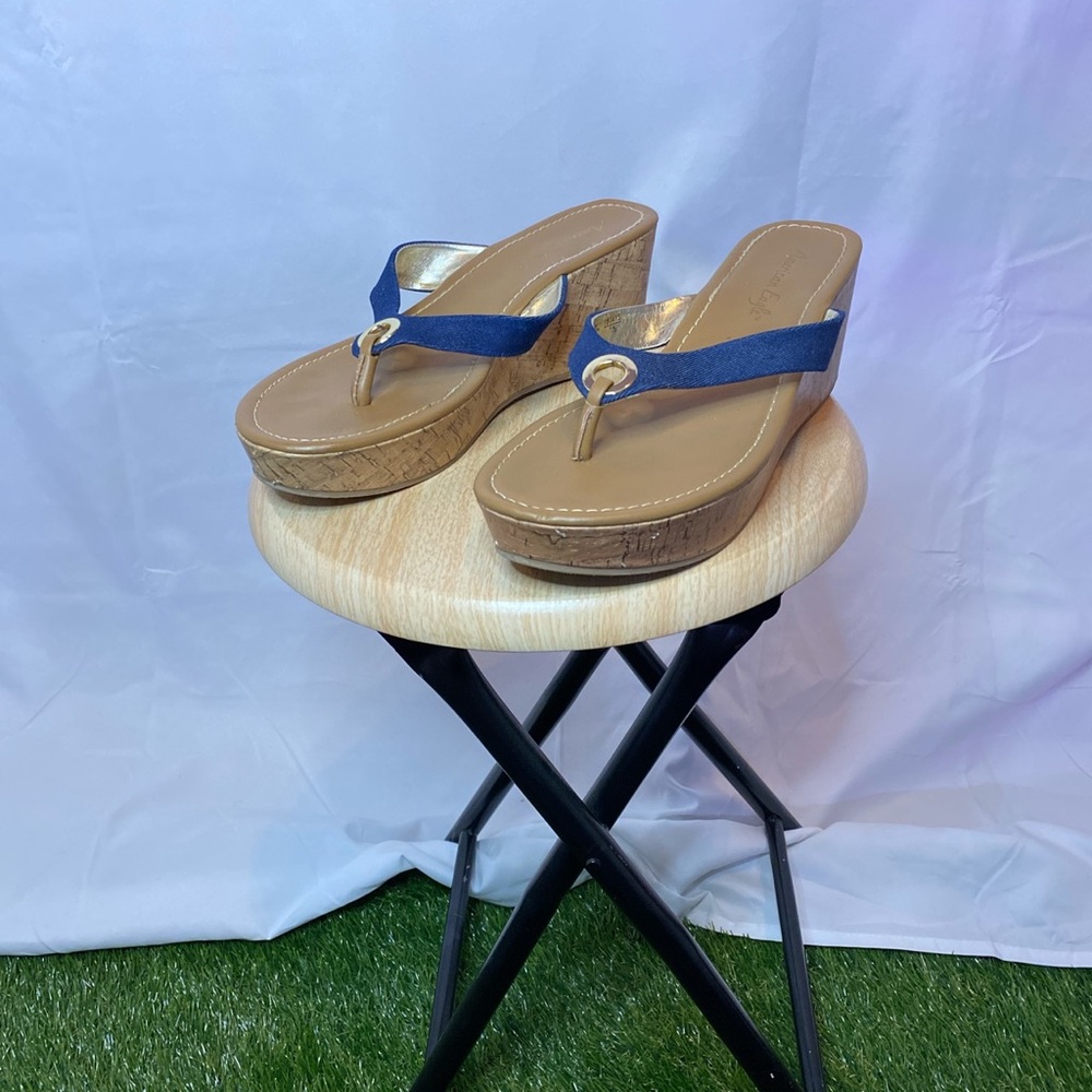 Denim heeled flip flops from AE